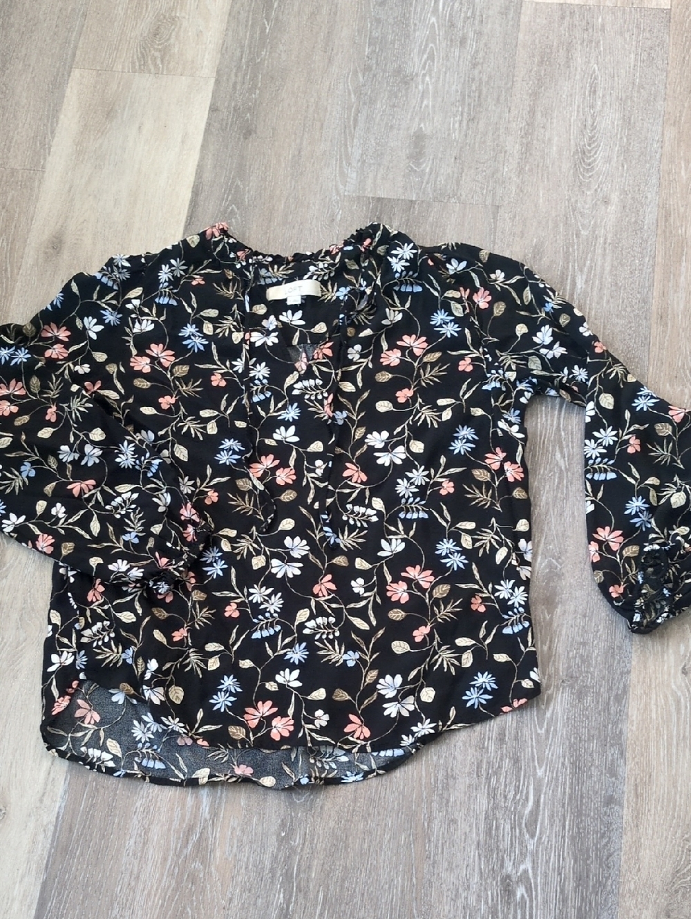 LOFT Women's Black Floral V-Neck Blouse with Pink and Blue Blooms
